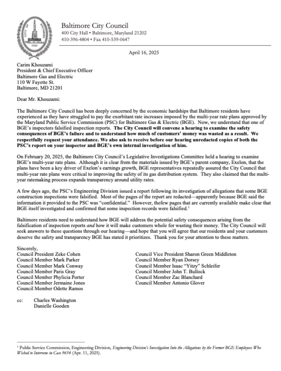 🚨Today, I joined my colleagues in calling for a hearing to address serious concerns about BGE’s inspection practices &amp; rising utility costs being passed onto residents.

I’ll continue to push for honest answers, communication, &amp; stronger protections that put people over profits!