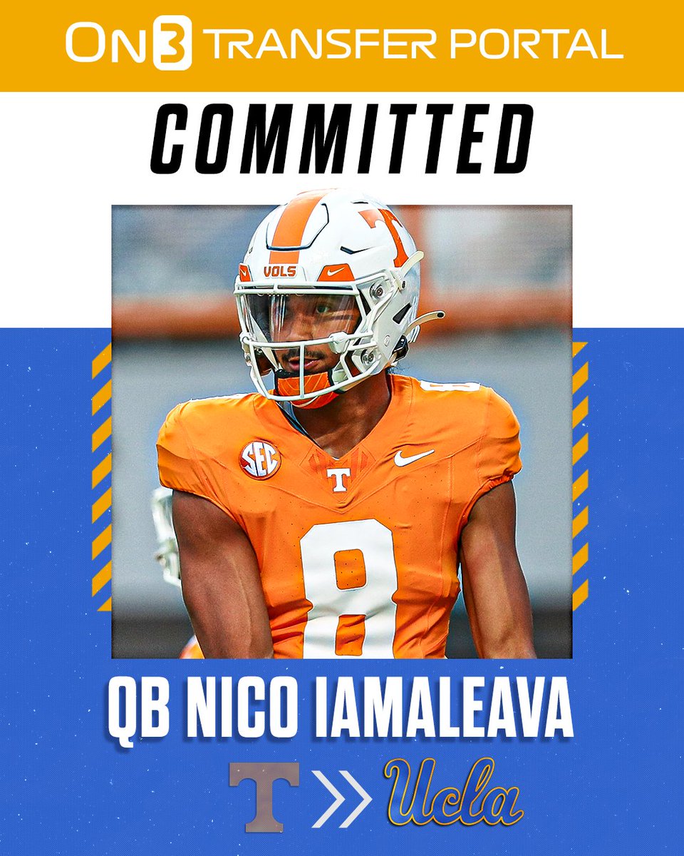 On3sports's tweet image. BREAKING: Tennessee QB Nico Iamaleava is expected to transfer to UCLA, @TheAthletic reports🐻

on3.com/college/ucla-b…