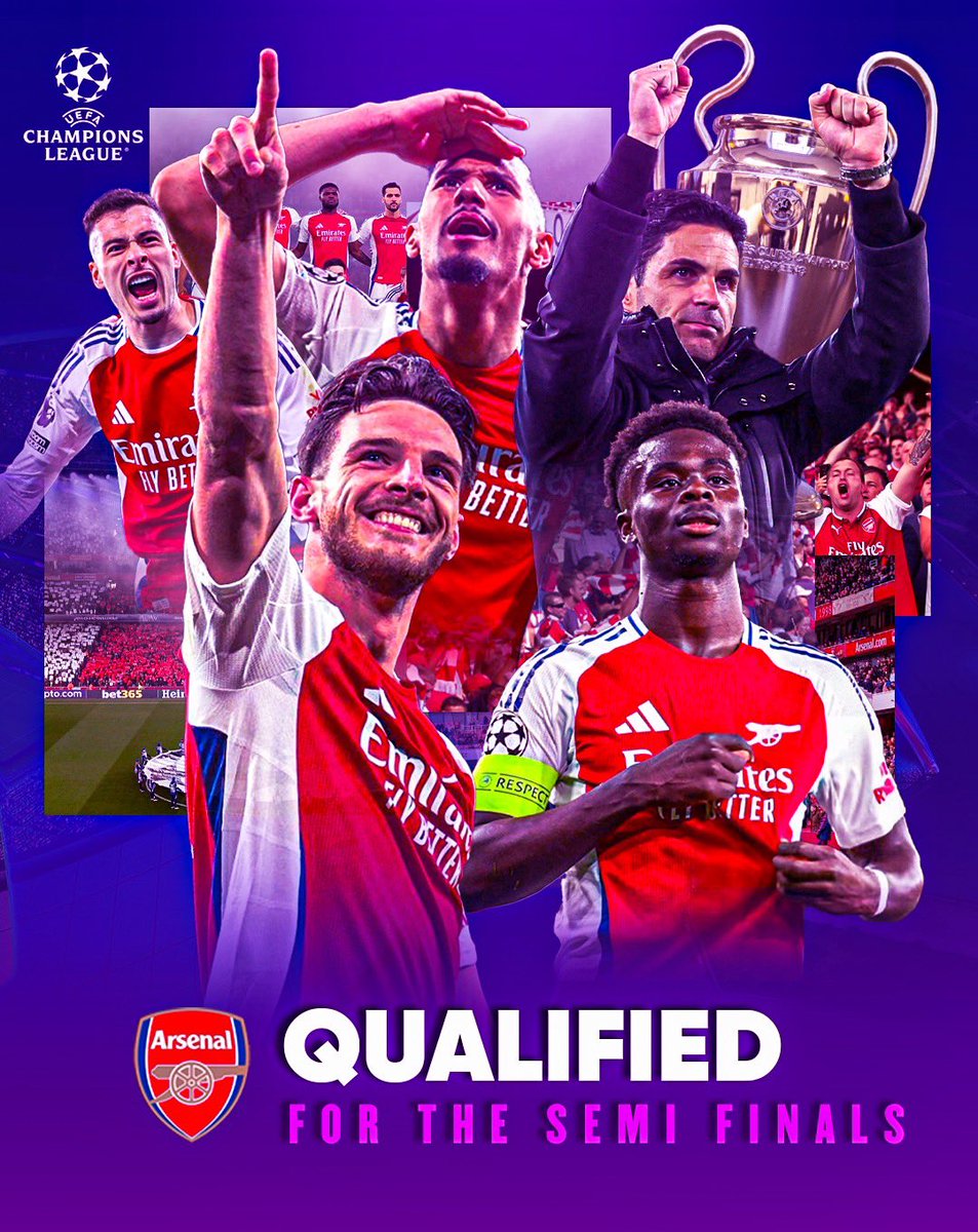 ARSENAL FOOTBALL CLUB QUALIFY FOR THE CHAMPIONS LEAGUE SEMI-FINALS FOR THE FIRST TIME IN 16 YEARS.