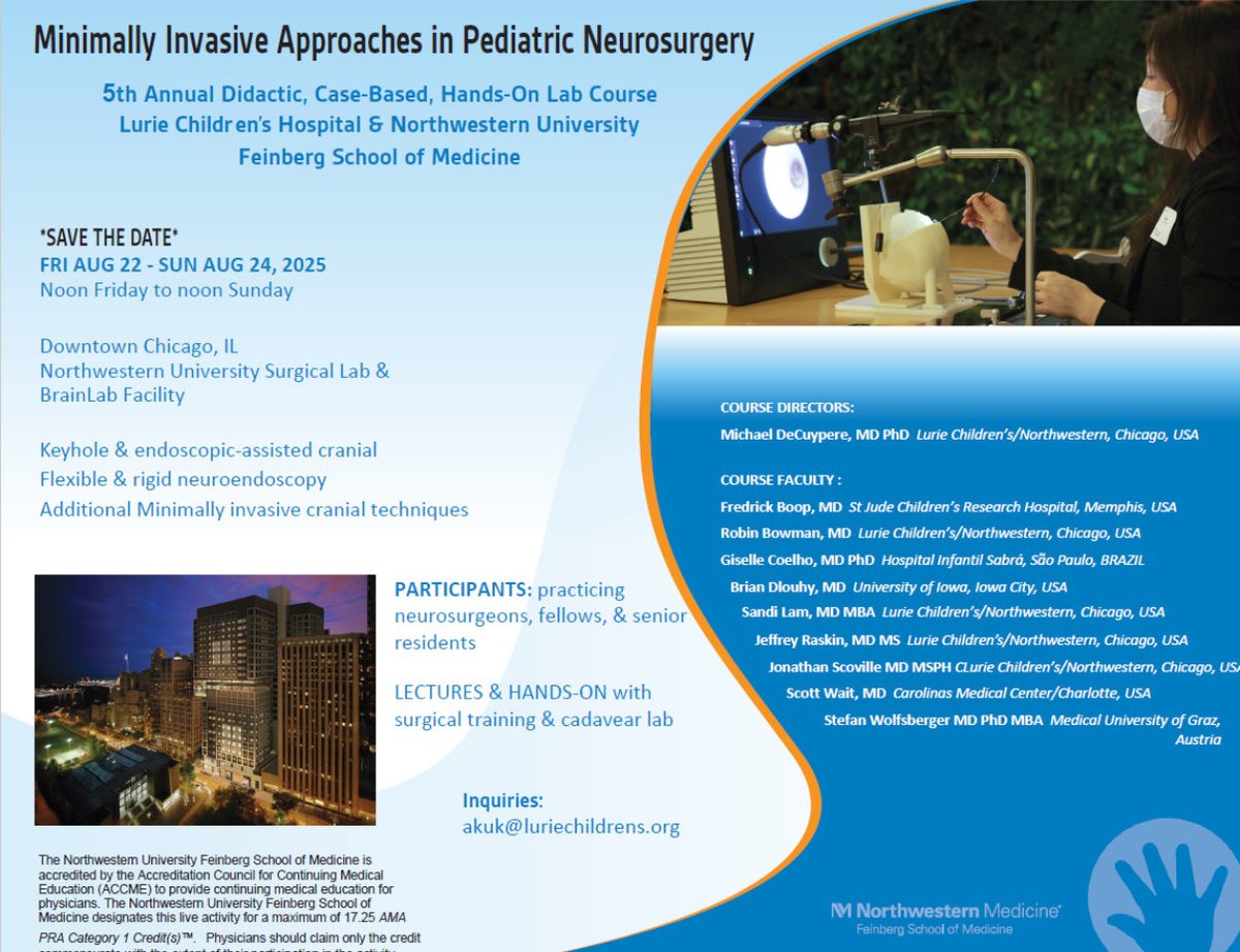 📅 Join us in Chicago! 5th Annual Minimally Invasive Pediatric Neurosurgery CME Course Aug22-24 offers hands-on experience &amp; interactive case discussions. Ideal for peds neurosurgeons, fellows, senior residents
Register: luriechildrens.org/en/events/mini…
🎓 Limited scholarships available