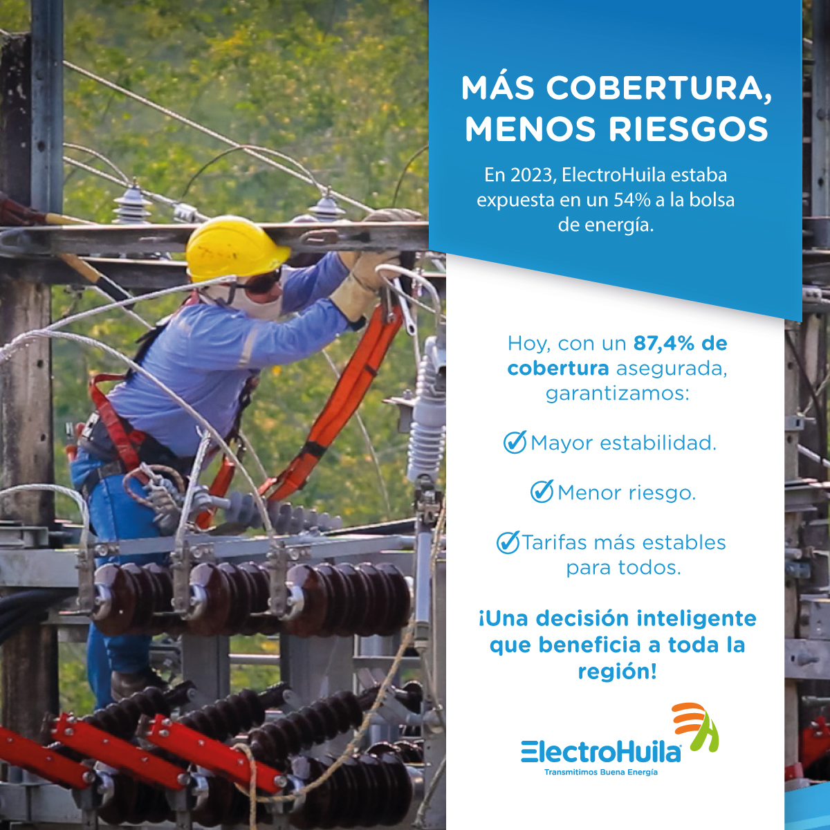 Electrohuila's tweet photo. 🔌💡 ¡Más cobertura, menos preocupaciones!
En ElectroHuila aseguramos el 87,4% de cobertura energética, garantizando estabilidad, tarifas justas y un servicio más confiable para todos.

👉 Una decisión inteligente que impulsa el bienestar de toda la región.
 #EnergíaParaElFuturo https://t.co/xCHC5SQiqH