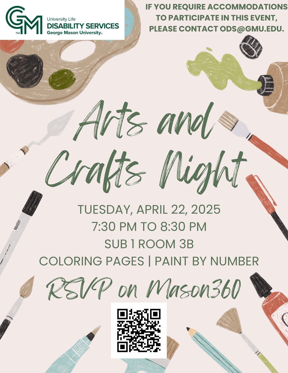 🎨 Arts and Crafts Night at George Mason University! 🖌️

Join us on Tuesday, April 22, 2025 from 7:30 PM to 8:30 PM at SUB I Room 3B for a fun evening of coloring pages and paint by number. Don't forget to RSVP on Mason360! 📅

#GMU #DisabilityServices