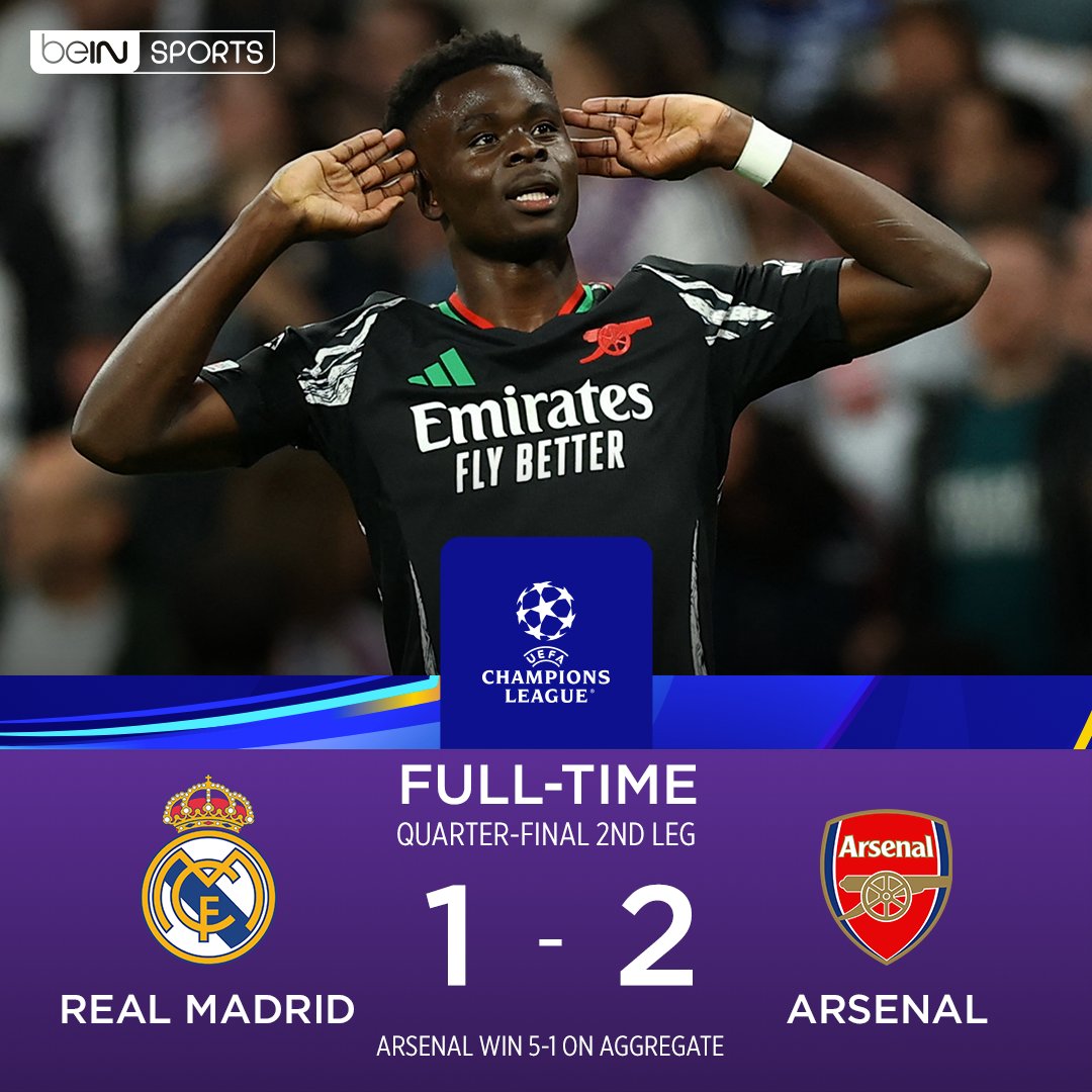 beIN SPORTS (@beinsports_en) on Twitter photo FT: Real Madrid 1-2 Arsenal
The Gunners triumph at the Bernabeu and progress to the semi-finals 5-1 on aggregate! 
Who saw that coming...? 😲
#beINUCL #RealMadridArsenal #UCL FT: Real Madrid 1-2 Arsenal
The Gunners triumph at the Bernabeu and progress to the semi-finals 5-1 on aggregate! 
Who saw that coming...? 😲
#beINUCL #RealMadridArsenal #UCL