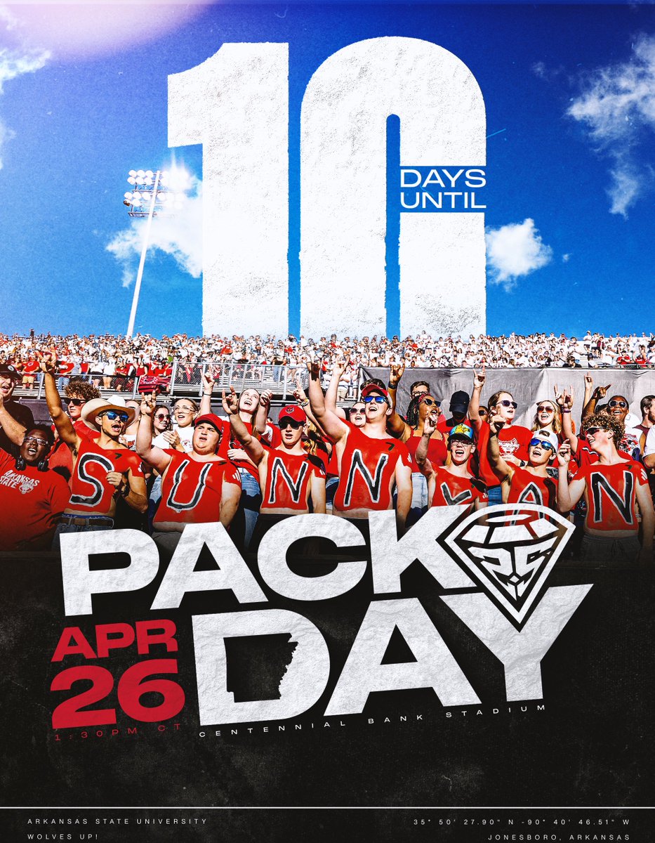We’re 10 days from Pack Day Spring Game! Join us inside Centennial Bank Stadium on April 26. Kickoff set for 1:30pm CT 🏈

#WolvesUp🐺