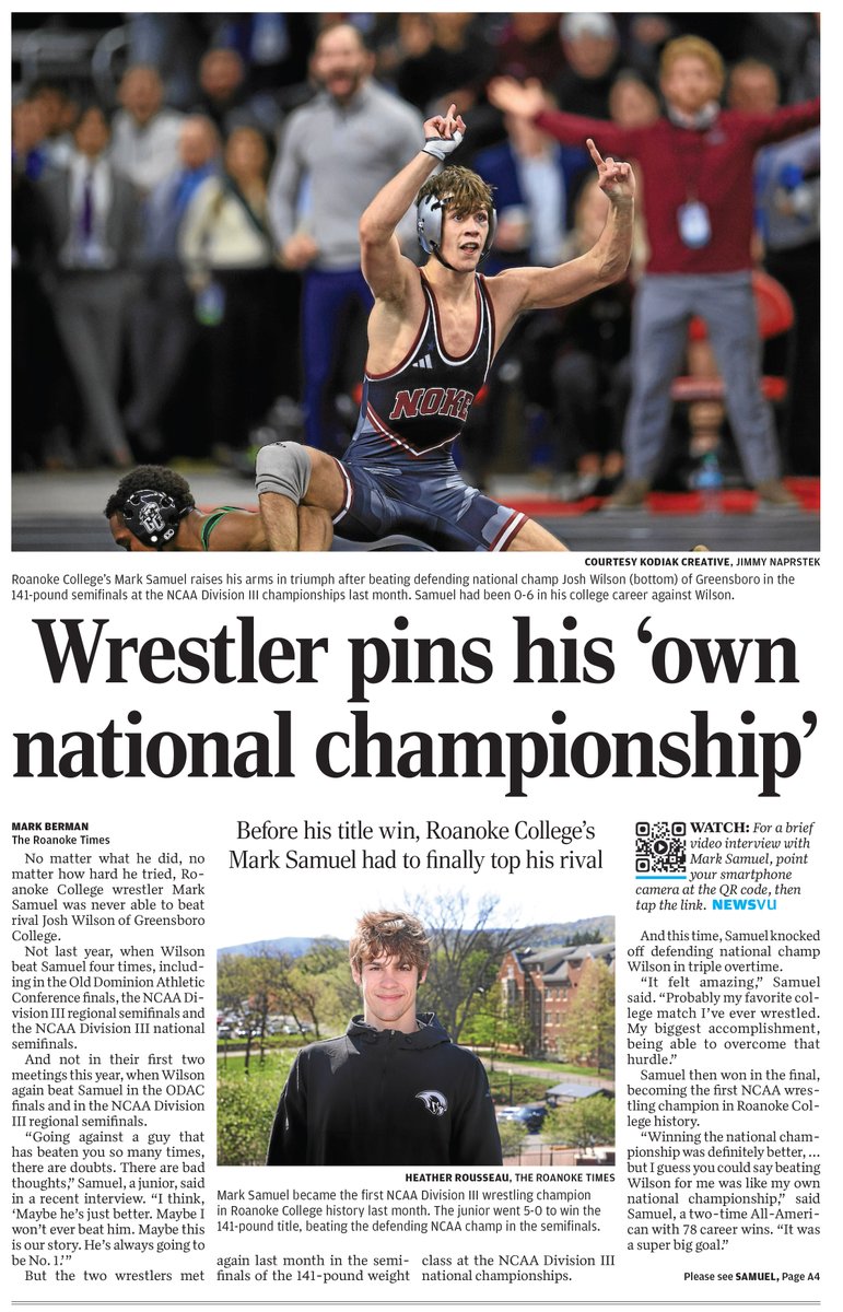 Headline news! 📰 We couldn't be prouder of Mark Samuel '26 — a national champion whose hard work, grit, and perseverance just made the front page of <a href="/roanoketimes/">The Roanoke Times</a>.  

Full story available on the newspaper's website: roa.ke/MarkSamuelRT

<a href="/NokeWrestling/">Roanoke College Wrestling</a>