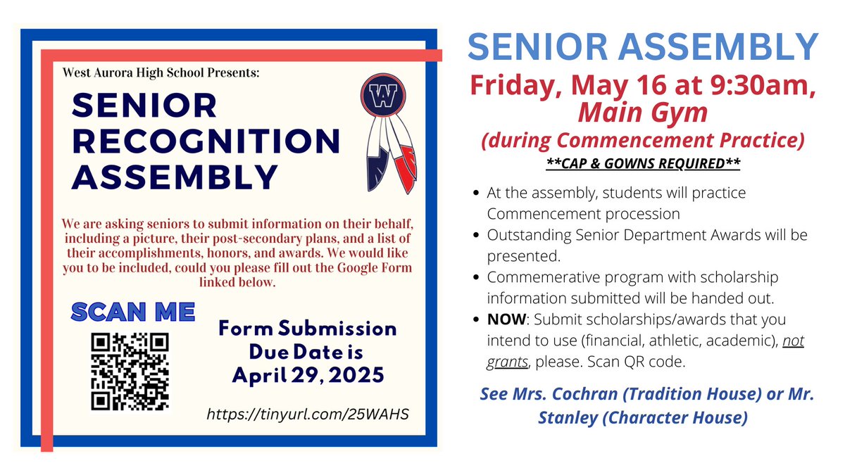 👨🏾‍🎓 Seniors - Don't forget to complete the Senior Recognition Form!

docs.google.com/forms/d/e/1FAI…

This ensures you're included in the commemorative booklet waiting on your seat at the Senior Assembly during Commencement Practice - Friday, May 16