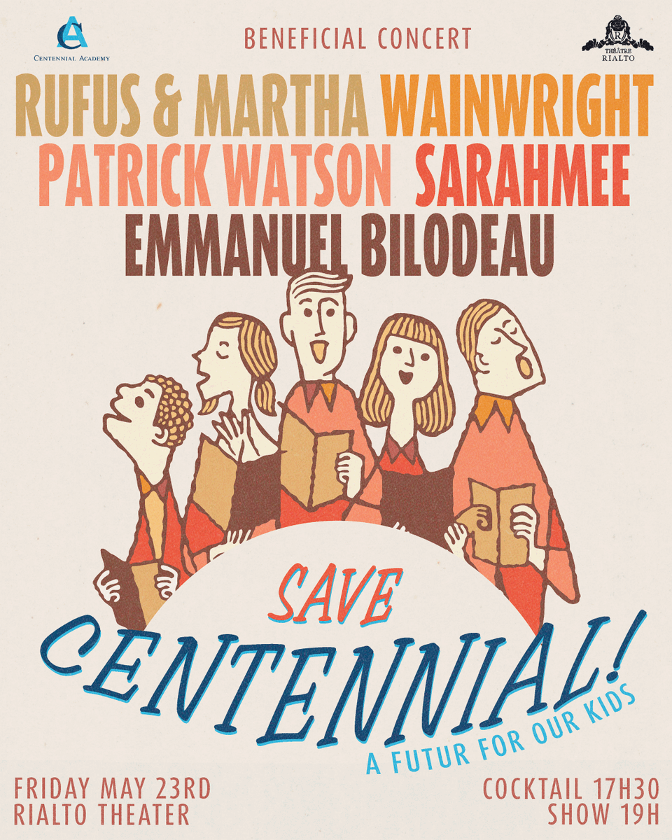 WainBright's tweet photo. Sauvons Centennial; Un concert-bénéfice avec Rufus et Martha Wainwright, Patrick Watson, Sarahmée et Emmanuel Bilodeau pour contribuer à sauver l’école pour les jeunes neurodivergents et ayant des difficultés d’apprentissage.

Le 23 mai - Théâtre Rialto

https://t.co/eRnj9BZFlF https://t.co/1xjmy8dsqE