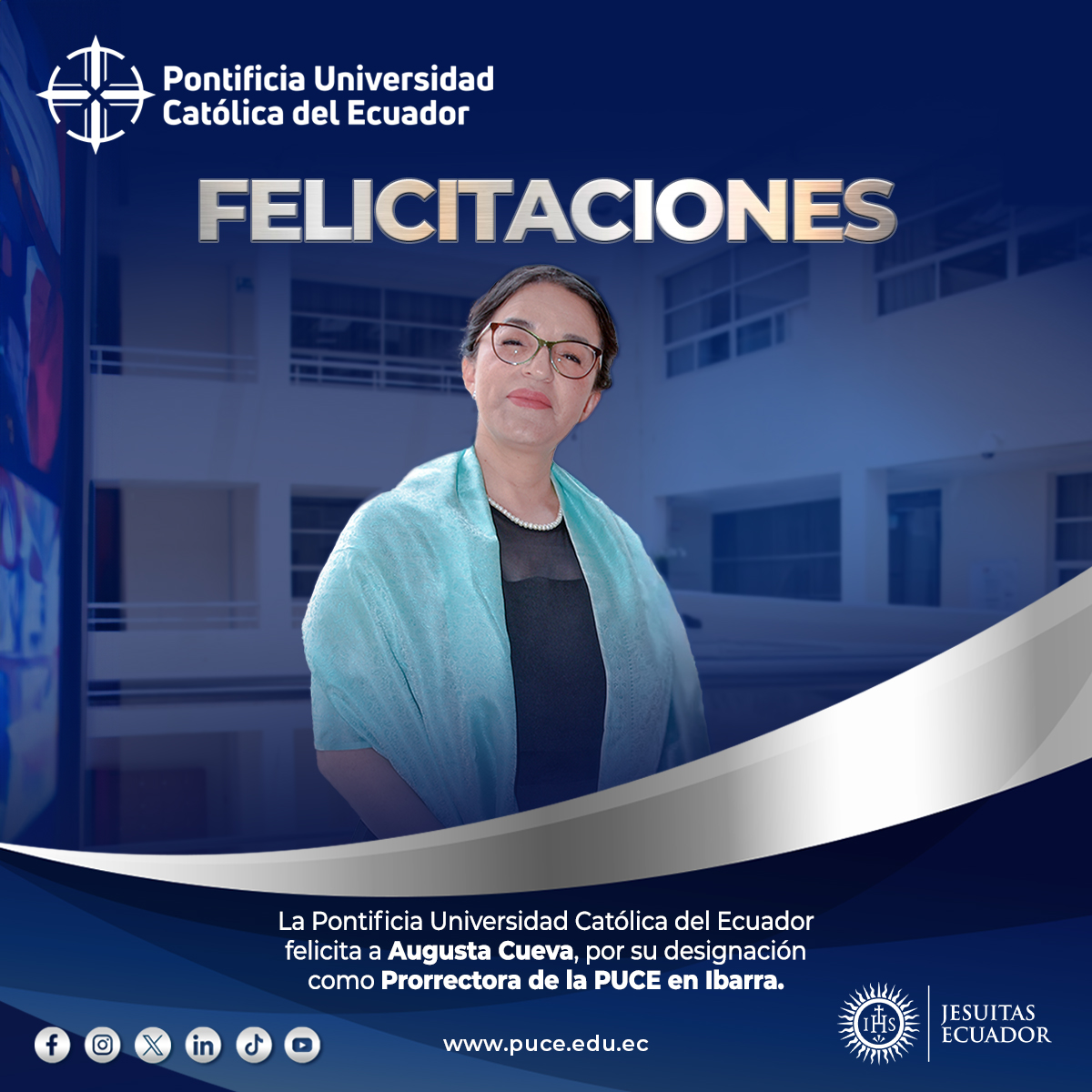 🎉👏 ¡Felicitamos a <a href="/Augus_Cueva/">Augusta Cueva Agila</a> por su designación como nueva Prorrectora de la <a href="/pucesedeibarra/">PUCE-I</a>! 🎓✨  
Su liderazgo, compromiso y pasión por la educación 💙📚 serán inspiración para toda nuestra comunidad universitaria.  
Que esta nueva etapa esté llena de logros y grandes
