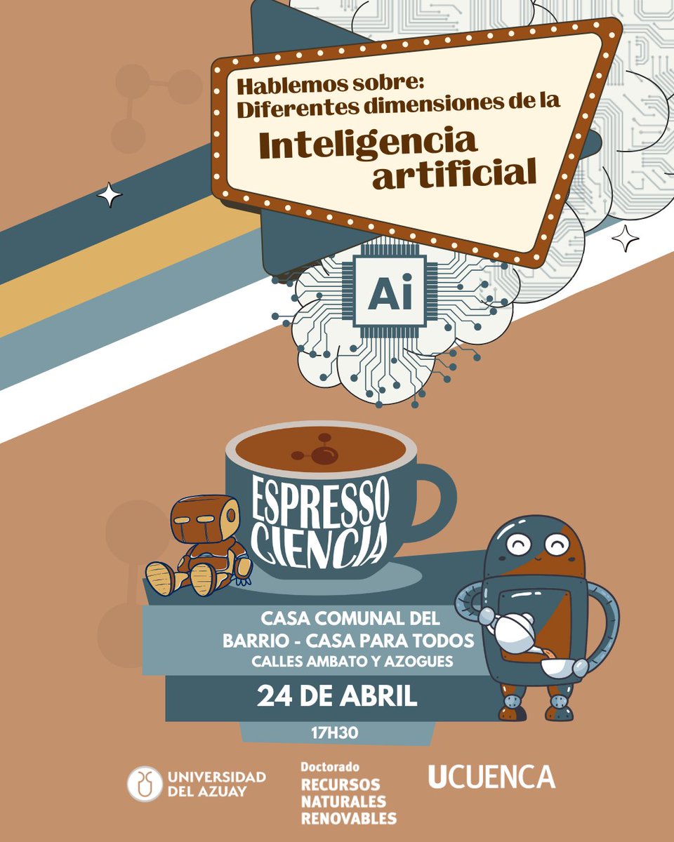 🤖¿Qué es la inteligencia artificial? ¿Es solo ChatGPT o hay mucho más?

En Espresso Ciencia te invitamos a un espacio único donde científicas y científicos comparten la ciencia con un espresso en mano.  

📅 24/04
 🕞17h30 
📍Casa Comunal del Barrio - Casa para Todos