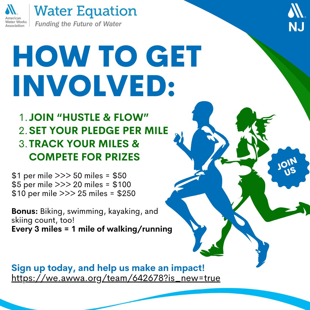 Join AWWA NJ's WE Walk team, Hustle &amp; Flow, to help raise funds for the Water Equation! 🏃‍♀️ Walking, running, swimming, biking, kayaking, and skiing are all acceptable for this meaningful virtual fitness fundraiser. Help us make a difference! we.awwa.org/team/642678?is…