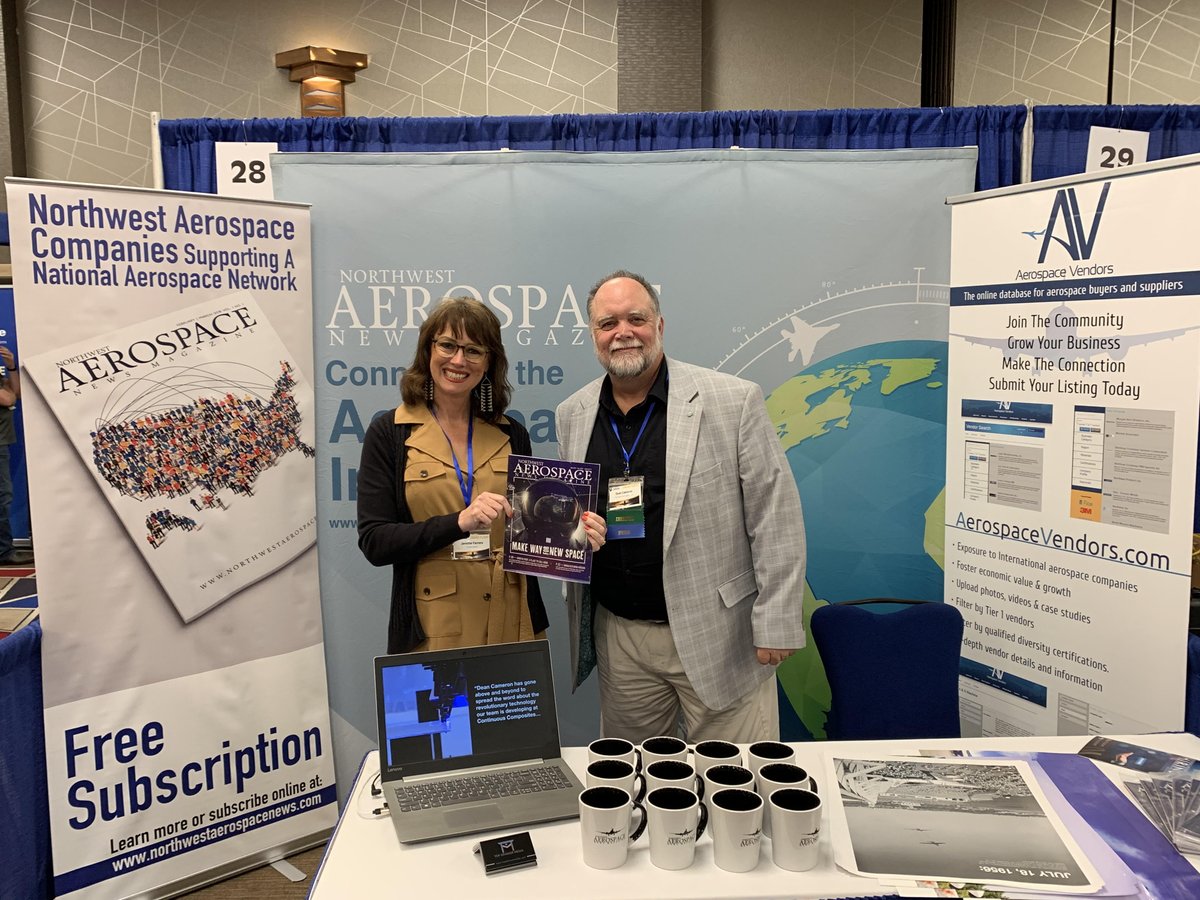 Dean Cameron, publisher and JENNIFER FERRERO, writer for NW Aerospace News are pictured two years ago at the #I90AerospaceCorridorConference. Are you going this year? It's a great event! i90aerospacecorridor.org - May 27-28 at the Coeur d'Alene Resort