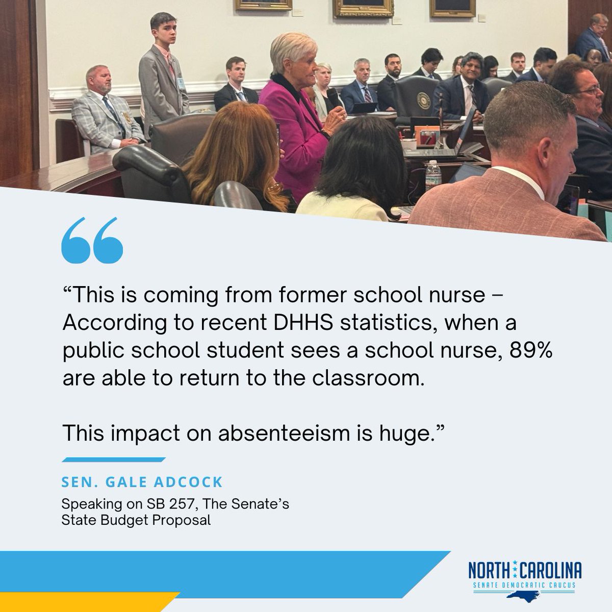 NC Senate Democrats (@ncsenatedems) on Twitter photo Senator <a href="/galeadcock/">Gale Adcock</a>'s call for a nurse in every school was just rejected. Our children’s health and safety shouldn’t be a partisan issue. #ncpol Senator <a href="/galeadcock/">Gale Adcock</a>'s call for a nurse in every school was just rejected. Our children’s health and safety shouldn’t be a partisan issue. #ncpol