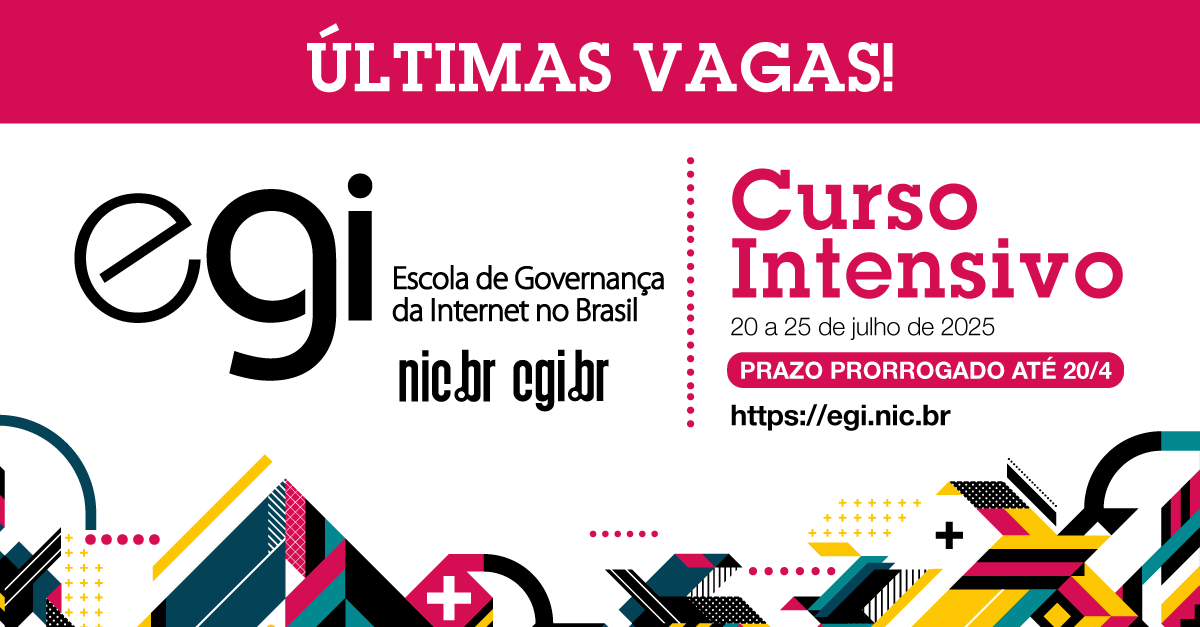 ComuNICbr's tweet photo. Última chamada para você se inscrever no Curso Intensivo da Escola de Governança da Internet no Brasil, promovido pelo #CGIbr.

As inscrições foram prorrogadas até 20/4! Não perca a oportunidade de aprofundar seus conhecimentos em temas relacionados à governança da Internet! https://t.co/18y3FAwWzl