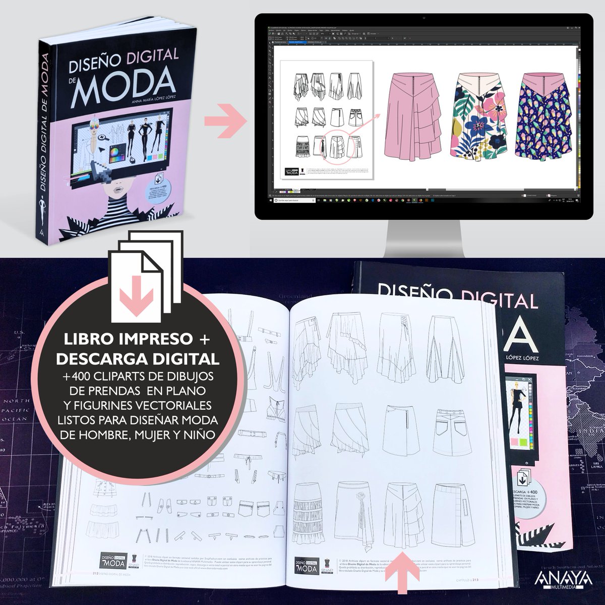 DisenoModaDig's tweet image. ¿Quieres diseñar una falda o un estampado textil? ¡No hace falta empezar desde cero! Con el libro Diseño Digital de Moda tienes acceso a la descarga de +400 cliparts de prendas en plano que puedes personalizar en tu software de diseño disenodemoda.com #MaestrosDeLaCostura