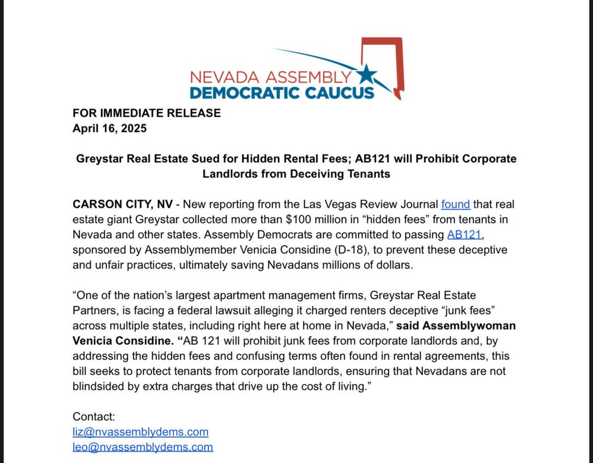 #AB121 will prohibit junk fees from corporate landlords and, by addressing the hidden fees and confusing terms often found in rental agreements, this bill seeks to protect tenants from corporate landlords, ensuring that Nevadans are not blindsided by extra charges.