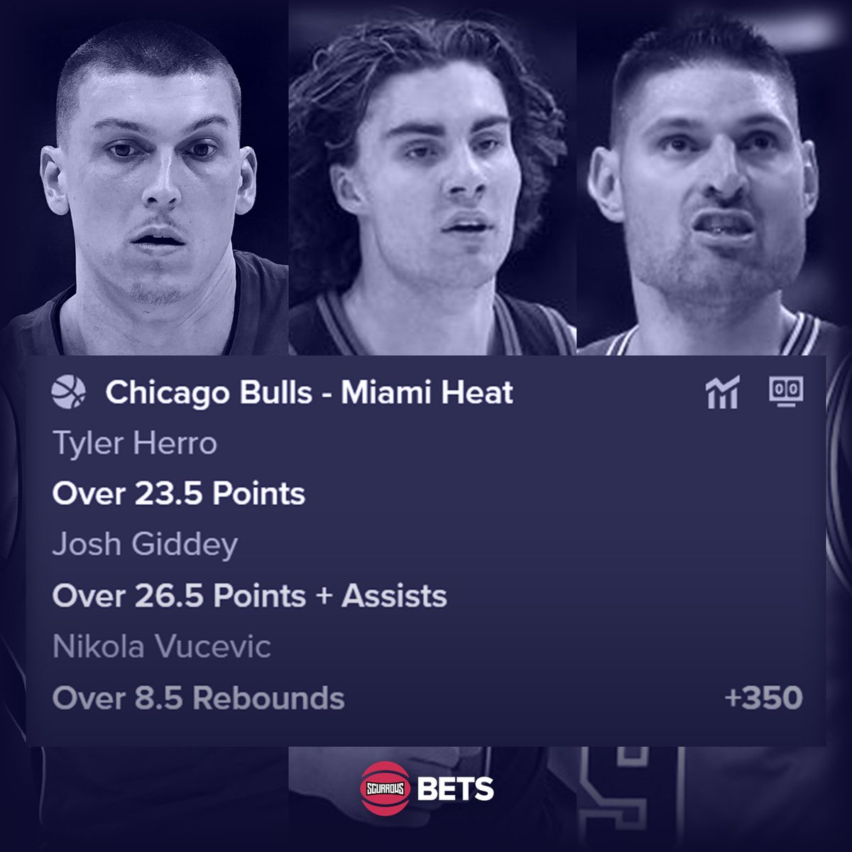 Apr 16th NBA Analyse:

Bulls - Heat Parlay (+350)
- Tyler Herro: Over 23.5 Points
- Josh Giddey: Over 26.5 Points + Assists
- Nikola Vucevic: Over 8.5 Rebounds
