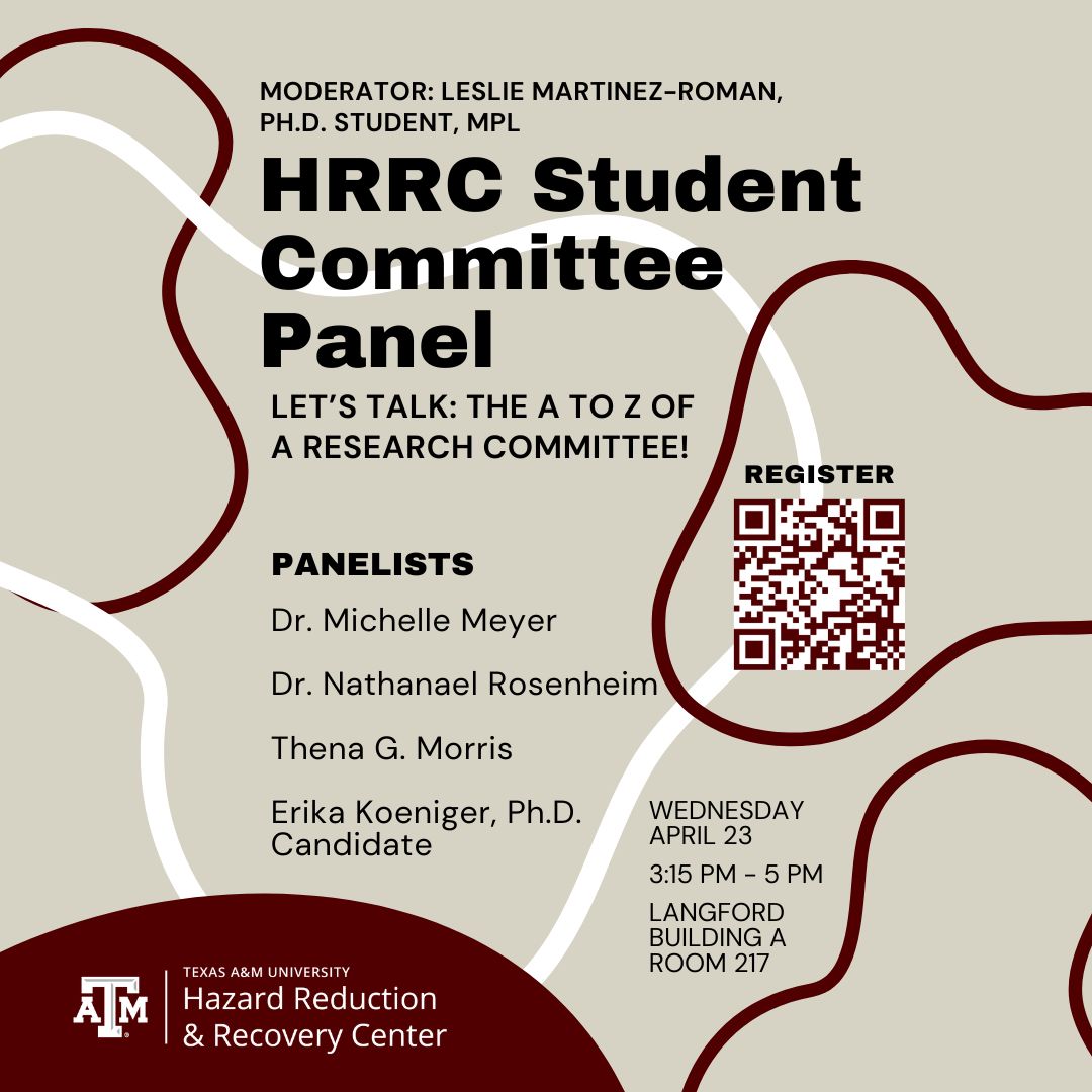 Forming your research committee can be one of the most important parts of grad school. Join our panel as we unpack the committee process. Feel free to ask questions and enjoy food!

Register with the QR code or here: tx.ag/BkxZAGQ