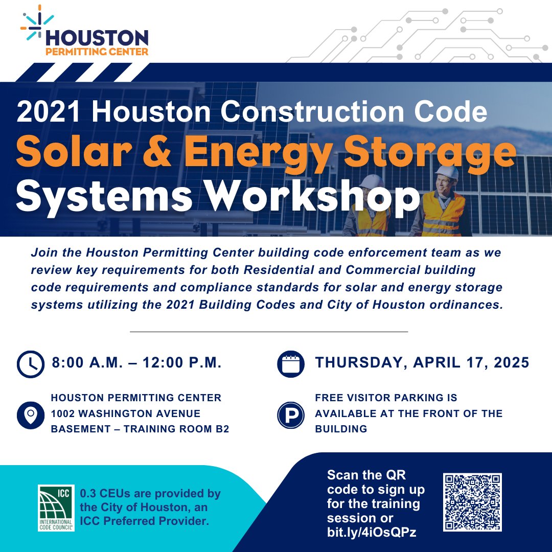 COHPermits's tweet image. Join @COHPermits&apos; Building Code Enforcement team as we review key requirements for both residential and commercial building code requirements and compliance standards for solar and energy storage systems. Scan QR  bit.ly/4iOsQPz
#InternationalCodeCouncil #CodeEnforcement