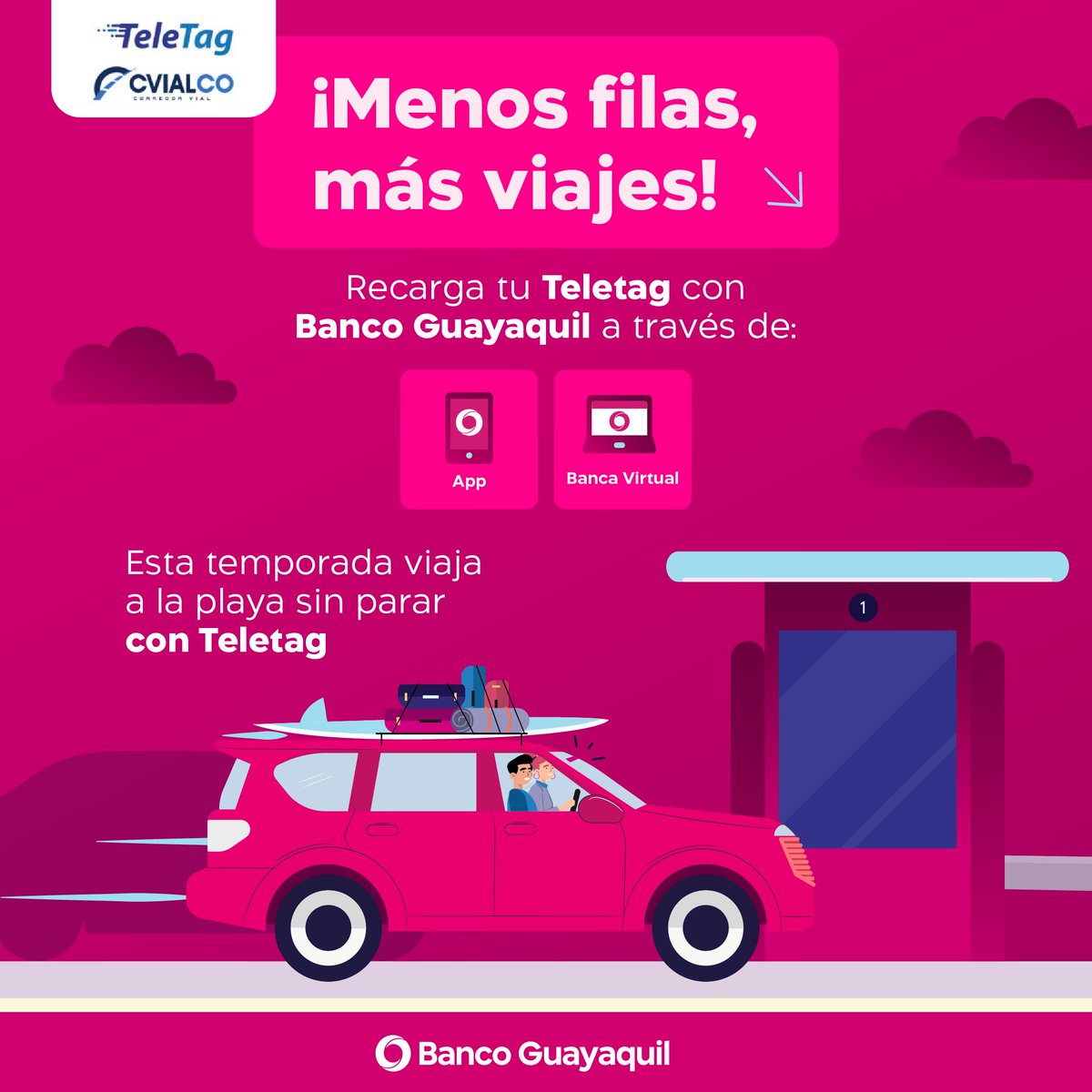 Este feriado llega más rápido a la playa recargando tu Teletag del peaje de Vía a la Costa 😎🏖️ Hazlo rápido y sencillo desde tu app o banca web. <a href="/cvialco/">cvialco</a> 🚗 #BancoGuayaquil #ElMejorBancoParaTi