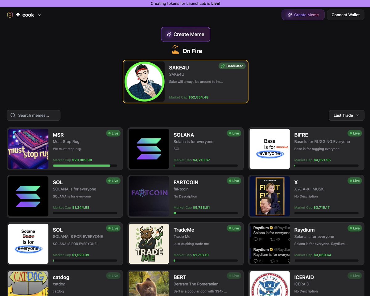 You can now create, view &amp; trade LaunchLab memes from <a href="/RaydiumProtocol/">Raydium</a> , directly in cook! 👨‍🍳

cook is the best platform to launch &amp; trade memes!
Instantly get cooking at cook.meme

A lot of updates are on the way.