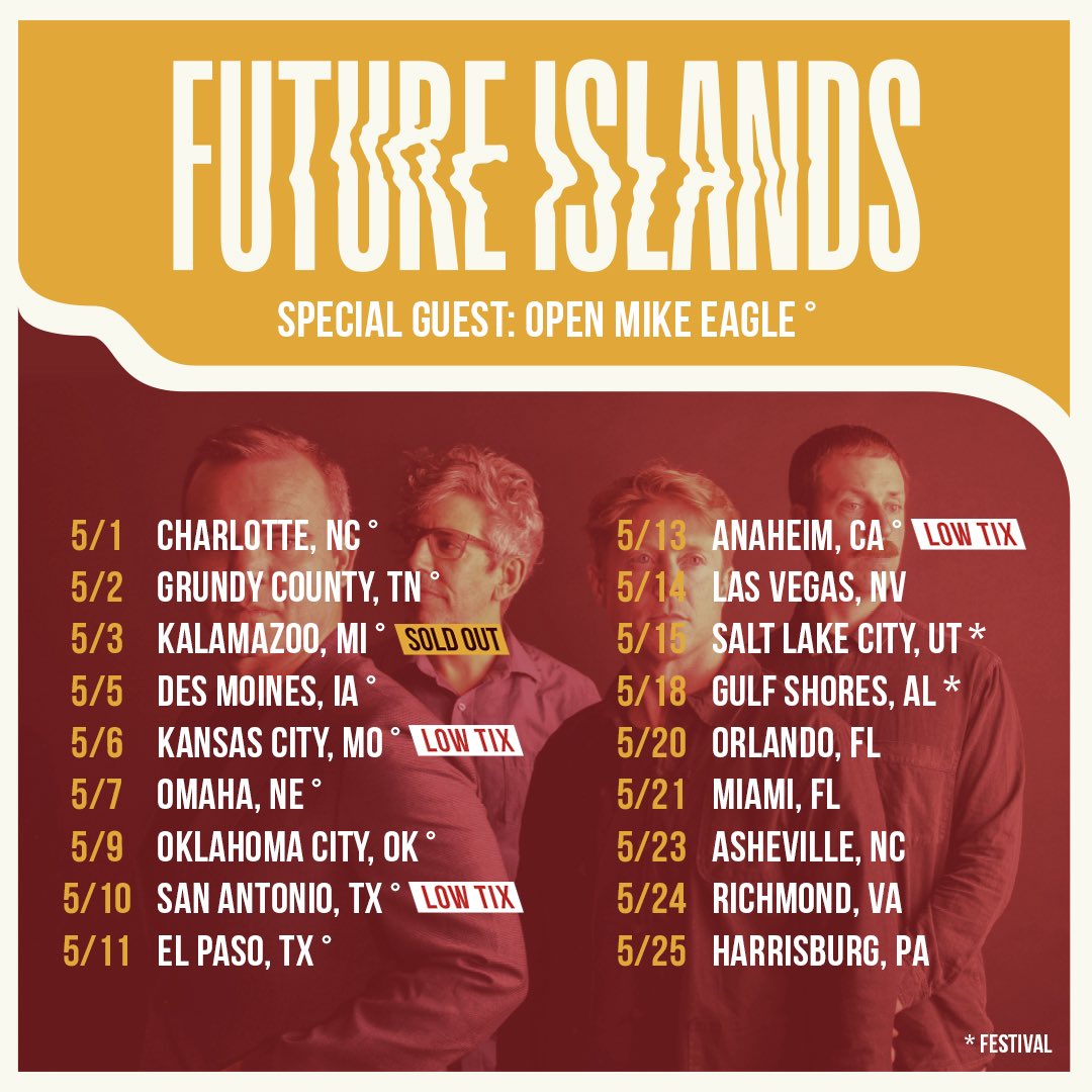 Future Islands (@futureislands) on Twitter photo Happy to announce our good friend <a href="/OpenMikeEagle1/">Open Mike Eagle</a> is joining us for the first leg of the tour 🦅
future-islands.com Happy to announce our good friend <a href="/OpenMikeEagle1/">Open Mike Eagle</a> is joining us for the first leg of the tour 🦅
future-islands.com