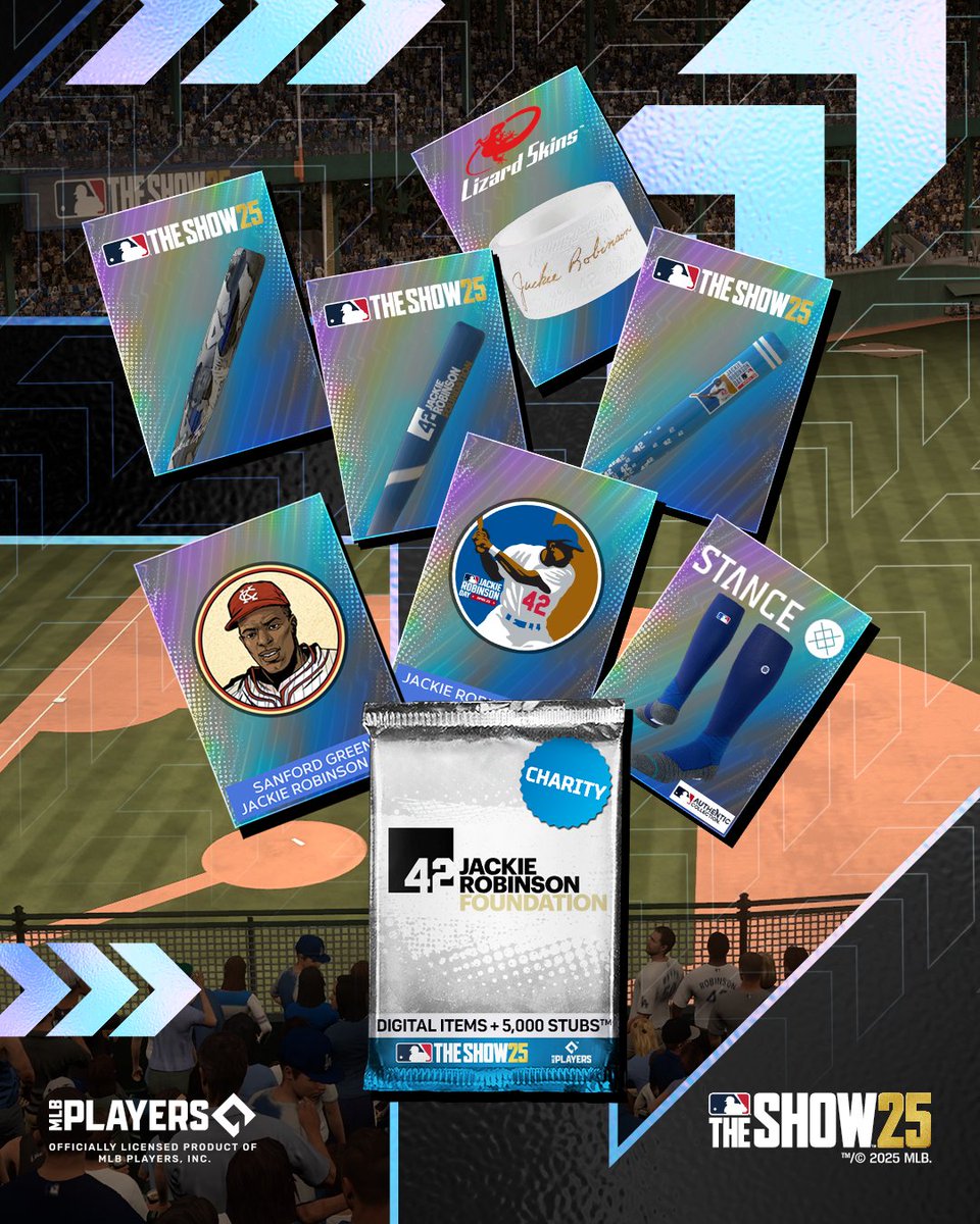 🧢 The Jackie Robinson Foundation Charity Pack is available now in #MLBTheShow 25!

Support the cause and receive Stubs, gear, and exclusive Jackie Robinson items.
Available through April 29.

🎮 Xbox: mlbthe.show/1pqY
🎮 PlayStation: mlbthe.show/LKI9
🎮 Nintendo: