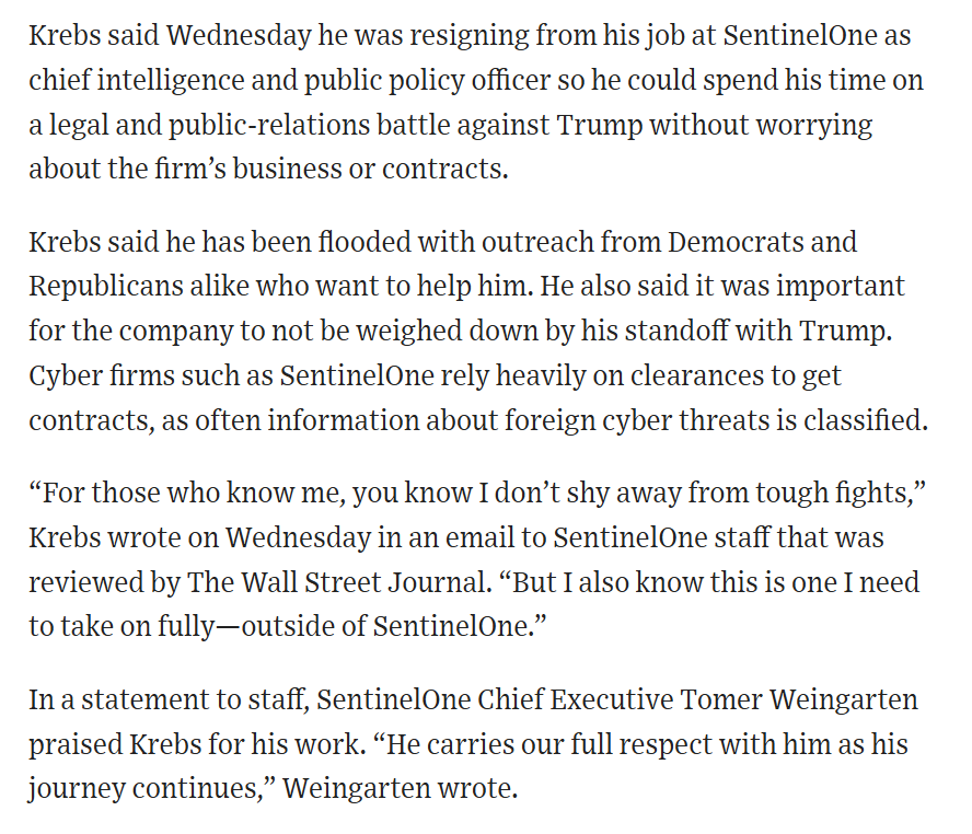 Eric Geller (@ericgeller) on Twitter photo .<a href="/C_C_Krebs/">Chris Krebs</a> is resigning from <a href="/SentinelOne/">SentinelOne</a> so he can fight the Trump administration's revenge campaign against him.
"It’s a novel and expansive strategy they are taking on and it should concern everyone," Krebs told <a href="/WSJ/">The Wall Street Journal</a>.
wsj.com/politics/polic… .<a href="/C_C_Krebs/">Chris Krebs</a> is resigning from <a href="/SentinelOne/">SentinelOne</a> so he can fight the Trump administration's revenge campaign against him.
"It’s a novel and expansive strategy they are taking on and it should concern everyone," Krebs told <a href="/WSJ/">The Wall Street Journal</a>.
wsj.com/politics/polic…