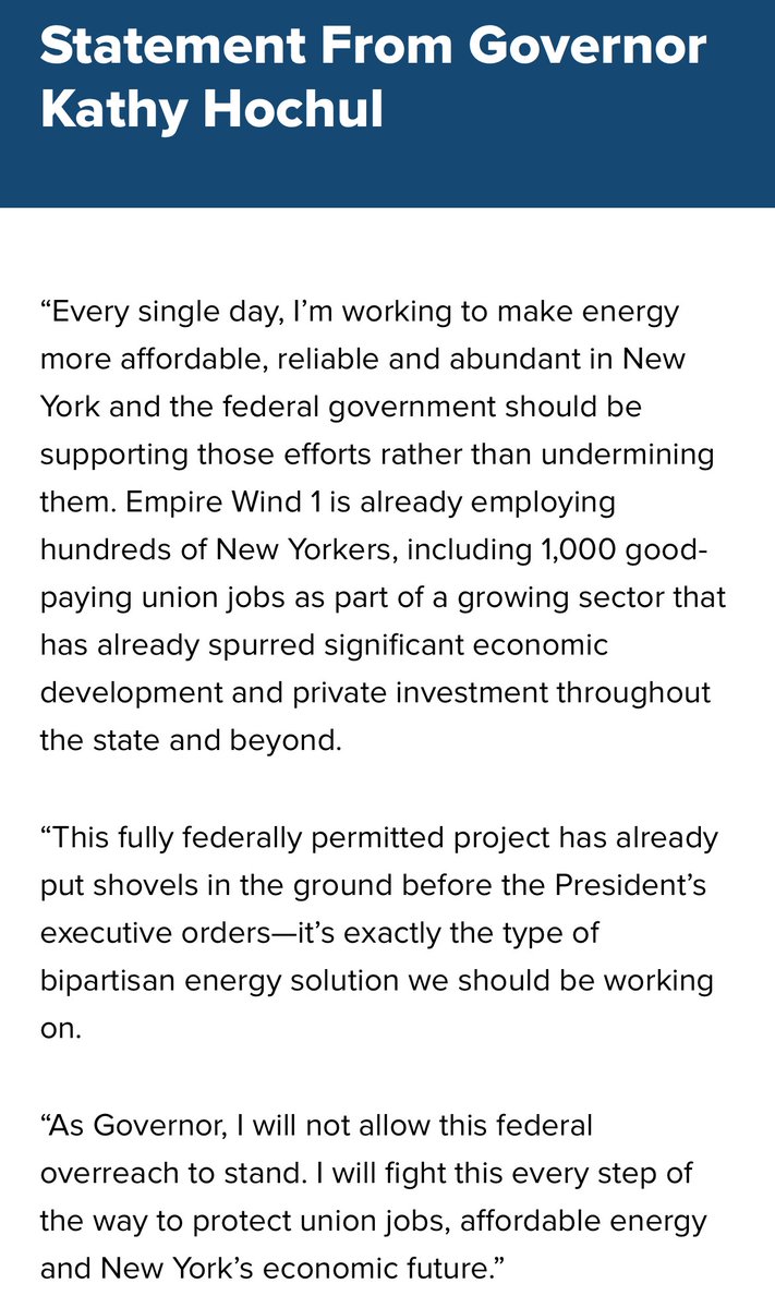Major work is underway to make energy more affordable, reliable &amp; abundant in NY. Empire Wind 1 is creating 1,000+ union jobs &amp; driving major private investment. Federal overreach must not threaten this progress; bipartisan energy solutions must prevail. governor.ny.gov/news/statement…