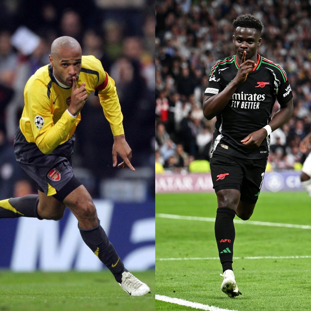 A side-by-side image of Thierry Henry and Bukayo Saka celebrating at the Bernabeu.