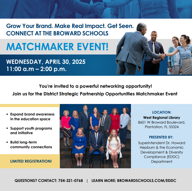 bcpsedoc's tweet photo. Grow Your Brand. Get Seen. Make a Real Impact.
Are you a business owner looking to connect with BCPS? Join us for the District Strategic Partnership Opportunities Matchmaker Event
Wednesday, April 30 | 11 AM – 2 PM
West Regional Library – Plantation, FL @BCPSPartnership https://t.co/dWIgnkykl3
