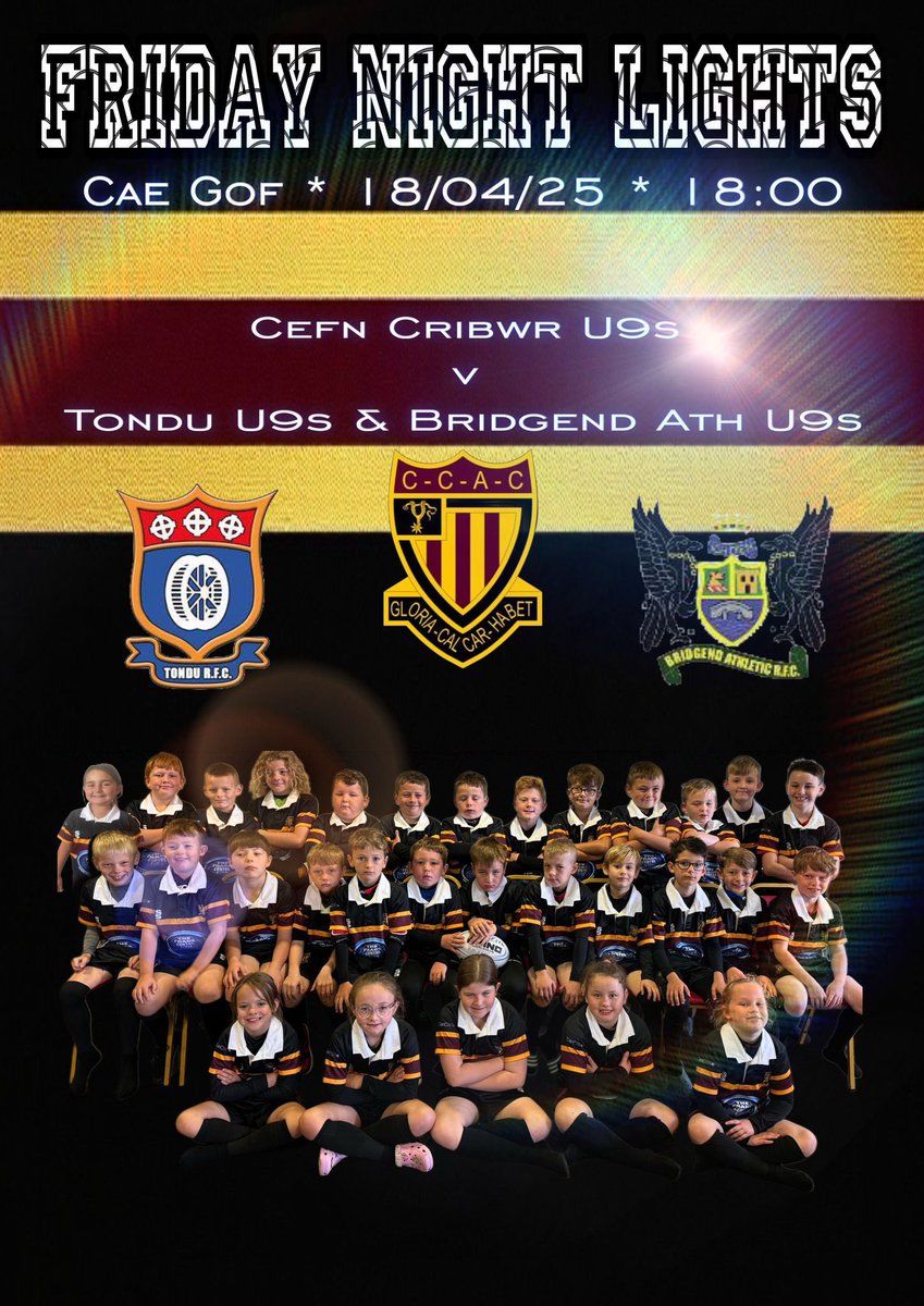 🔥Friday Night Lights🔥

Join us this Good Friday for an exciting evening of rugby under the lights as our super U9s take to the field against Tondu RFC and Bridgend Athletic RFC. It promises to be a great evening of rugby! 🏉💪🏻

Food available after the game – cash only 🍟🍴