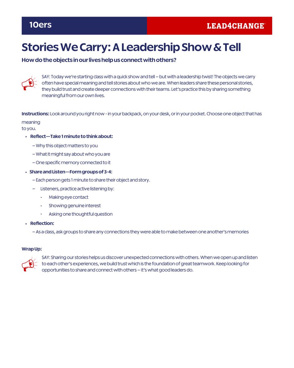 📖 Every student has a story—and when they share it, they grow as leaders.

This month’s 10er is all about the power of storytelling.

🗣️ Meet this month’s 10er: "Stories We Carry: A Leadership Show &amp; Tell"
A quick, 10-minute activity where students will:
✅ Share a meaningful