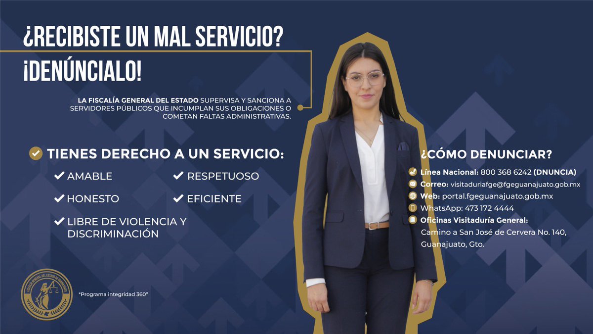 ¿Tuviste una mala experiencia con nuestro servicio? ¡Queremos saberlo!

En la #FiscalíaGuanajuato estamos comprometidos contigo.  
Supervisamos y sancionamos a quienes no cumplen con su responsabilidad.

Cuando vengas a nuestras oficinas, mereces un buen trato y atención en menos