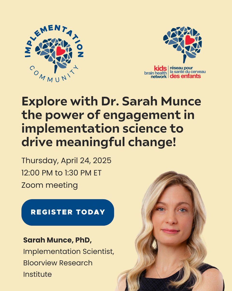 We’re excited to feature Dr. Sarah Munce, PhD, an implementation scientist at the Bloorview Research Institute, at our upcoming panel at the Kids Brain Health Network's Implementation Community session on Engagement Science &amp; Implementation Science! 

Dr. Munce’s work focuses on: