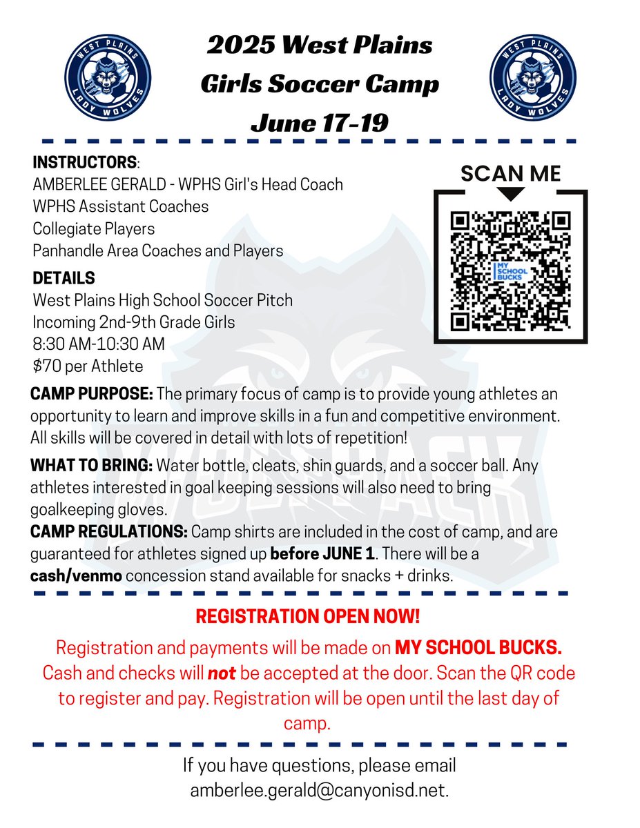 It’s time for Lady Wolves Soccer Camp! This year, both registration AND payment will be through My School Bucks! Come join us for some summer soccer fun! 🩵🐺🤍