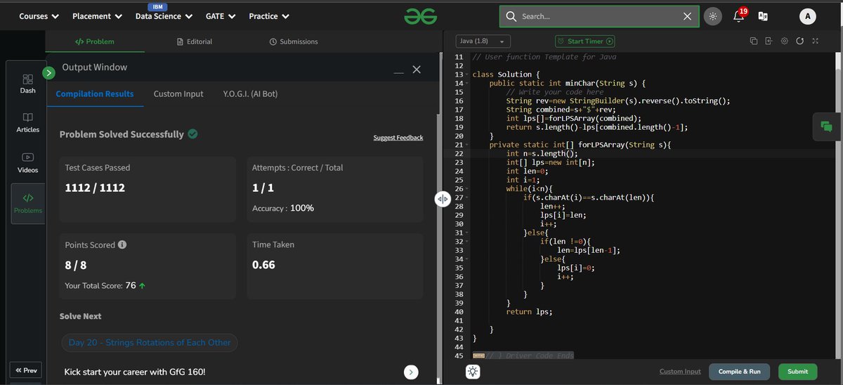 angad_072's tweet photo. Day 19 of the #GFG160DaysDSA Challenge! 🪞🔁 Solved Min Characters to Add to Make a String Palindrome using the KMP Algorithm! 💡✨#DSA #Coding #KMPAlgorithm #PalindromeLogic
@geeksforgeeks 
#gfg160 https://t.co/tcp9VW3VxT