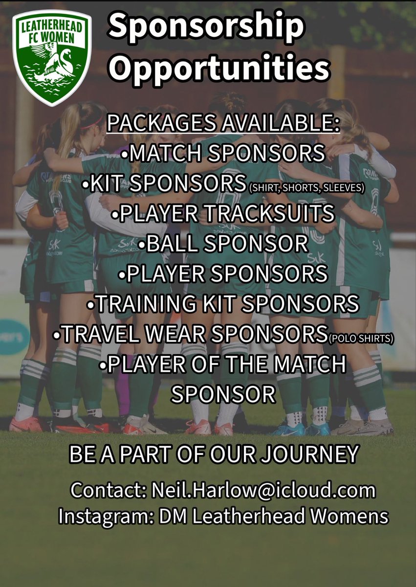 Leatherhead FC Women (@leatherheadwfc) on Twitter photo Sponsorship opportunities for season 25/26
If you feel you can help the girls in anyway going into next season please feel free to reach out.
<a href="/ClubTanners/">Tanners Supporters Club</a> <a href="/livingkt22/">Leatherhead Living</a> <a href="/PulseAshtead/">Pulse Ashtead</a> <a href="/BookhamVillage/">@BookhamVillage</a> <a href="/Cobham_oxshott/">Cobham & Oxshott</a> <a href="/oxshott/">Oxshott.com</a> <a href="/LeatherheadBiz/">LeatherheadBusiness</a> Sponsorship opportunities for season 25/26
If you feel you can help the girls in anyway going into next season please feel free to reach out.
<a href="/ClubTanners/">Tanners Supporters Club</a> <a href="/livingkt22/">Leatherhead Living</a> <a href="/PulseAshtead/">Pulse Ashtead</a> <a href="/BookhamVillage/">@BookhamVillage</a> <a href="/Cobham_oxshott/">Cobham & Oxshott</a> <a href="/oxshott/">Oxshott.com</a> <a href="/LeatherheadBiz/">LeatherheadBusiness</a>