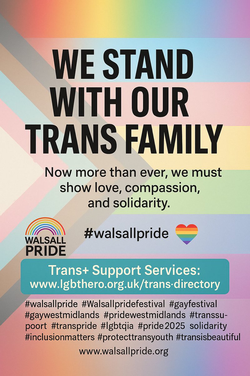 the fight for equality isn’t over.
We stand with our trans family—now and always. Show up with love. Stand with pride.

#walsallpride #gayfestival #gaywestmidlands #pridewestmidlands
#transrightsarehumanrights #transsupport #transpride #lgbtqia #pride2025 #solidarity #translives