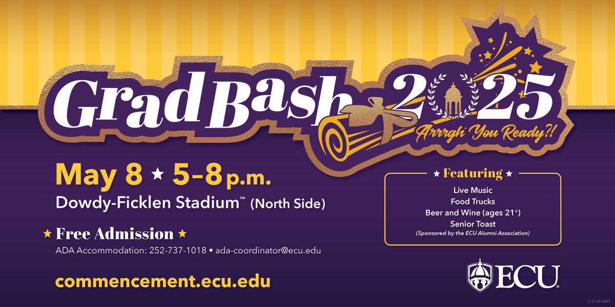 ECU (@eastcarolina) on Twitter photo #ECU25, this one's for you! 🎉
#ARRRGH annual GradBash celebration will be on Thursday, May 8! 
Get the details ➡️ commencement.ecu.edu/gradbash/ #ECU25, this one's for you! 🎉
#ARRRGH annual GradBash celebration will be on Thursday, May 8! 
Get the details ➡️ commencement.ecu.edu/gradbash/