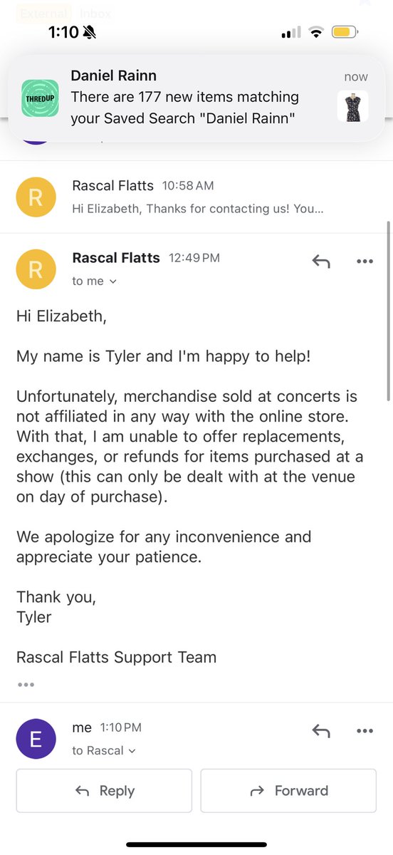 RedHead_Reality's tweet image. Apparently even if you spend money for VIP tickets and buy 3 shirts and a sweatshirt at their concert @rascalflatts sells such cheap shirts that this is the response you get if you have holes in your $40 t-shirt after it’s worn twice… Beware. Never had an issue with concert Ts