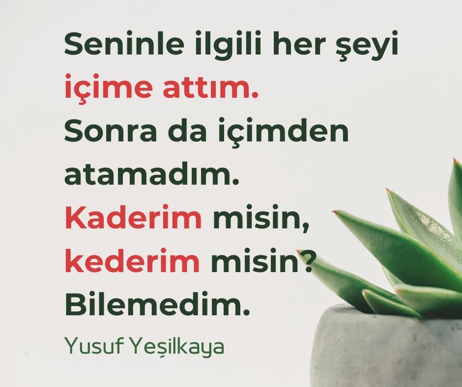 Seninle ilgili her şeyi içime attım. Sonra da içimden atamadım. Kaderim misin, kederim misin bilemedim.
#YusufYesilkaya