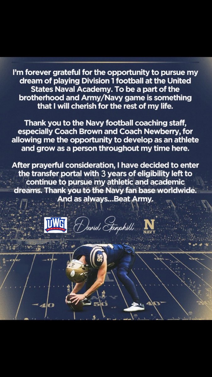 After my time as a D1 Starter playing football for West Georgia and the United States Naval Academy, I’ve decided to reopen my recruitment and enter my name into the transfer portal. I have 3 years of eligibility remaining.

Dm me for film!!