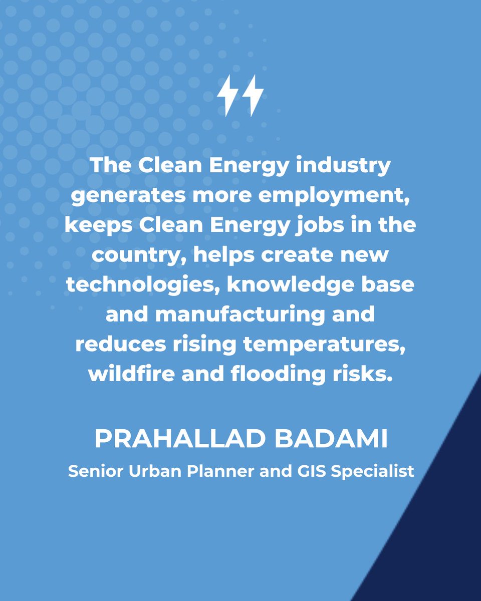 ce4aef's tweet image. “The #CleanEnergy industry generates more employment, keeps clean energy jobs in the country, helps create new technologies, knowledge base & manufacturing & reduces rising temperatures, wildfire & flooding risks.” - Prahallad Badami, Senior Urban Planner
facesofcleanenergy.org/face-of-clean-…