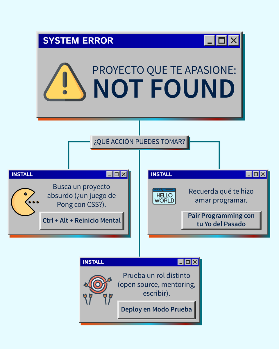 🔥 "ERROR 404: MOTIVATION NOT FOUND"

¿Tu chispa dev se apagó? ¡No eres el único! Prueba esto:

• Cambia de stack 1 día (ej: haz un juego en CSS).
• Habla con otros devs. ¡Todos pasamos por esto!

👇 ¿Cómo debuggeas tu #motivación?