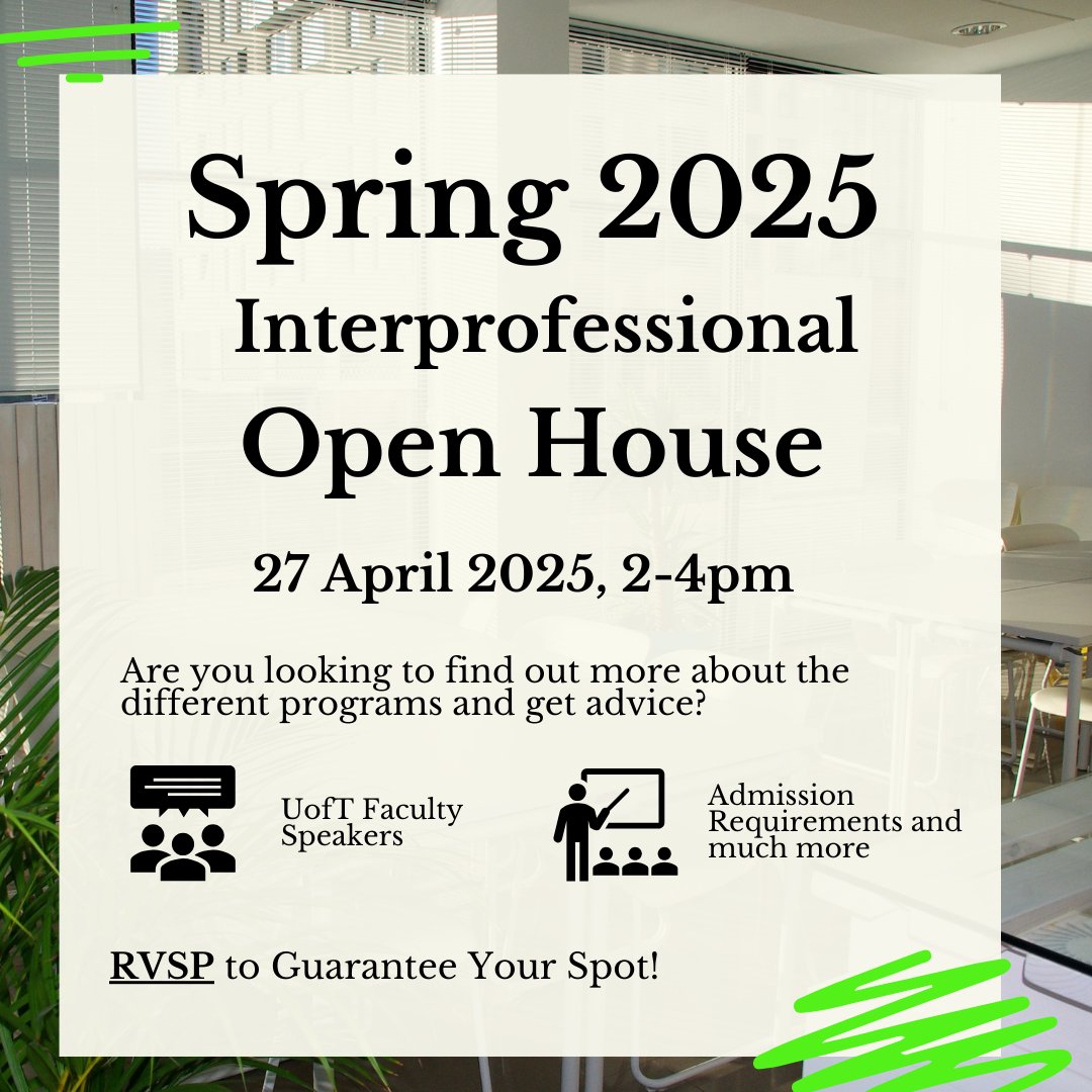 Exploring a career in the health professions? Join us at the Spring 2025 Interprofessional Open House on April 27th from 2-4pm. Learn about the MD Program, Occupational Therapy, Pharmacy and more. 

Event details &amp; RSVP: uoft.me/bvo