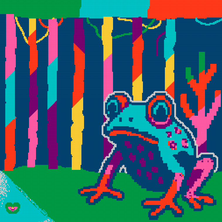 pixelsdotart's tweet image. Latest canvas looking surreal.

&quot;Abstract chaos of a surreal frog in a neon forest.&quot;

Tag artists on @ApeChainHUB who can help!