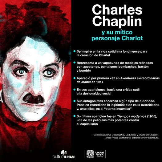 CulturaUNAM's tweet photo. 📽🎩 Charlot: bastón en mano, bombín ladeado y pasos cómicos que hicieron historia. En el aniversario de nacimiento de Charles Chaplin, recordamos a su mítico personaje, símbolo de ternura, rebeldía y crítica social. Conoce más sobre este vagabundo entrañable que desafió al poder con humor y elegancia. 👇