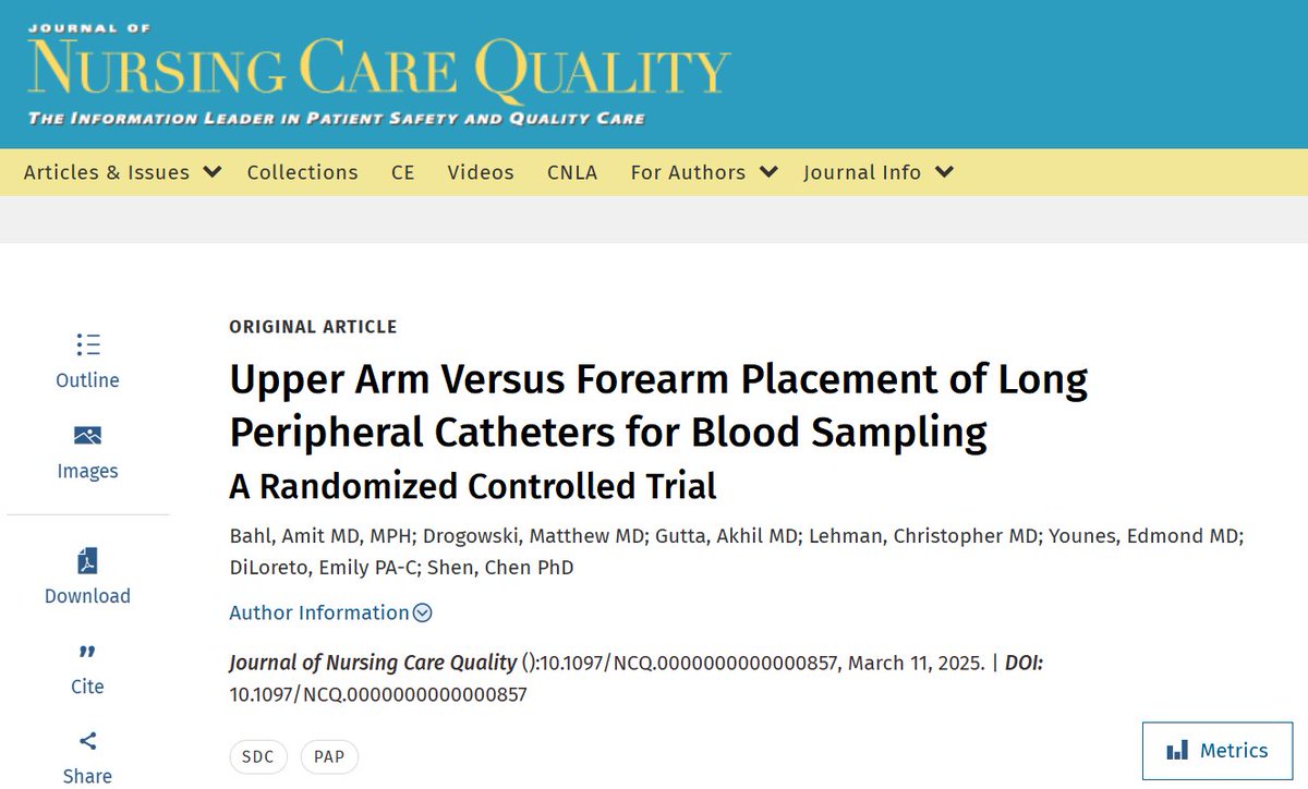 JNCQonline's tweet image. &quot;Upper Arm Versus Forearm Placement of Long Peripheral Catheters for Blood Sampling: A Randomized Controlled Trial&quot;

While long peripheral catheters have an indication for blood sampling, this study showed that #bloodsampling had a high rate of failure. 

tinyurl.com/yf43454k