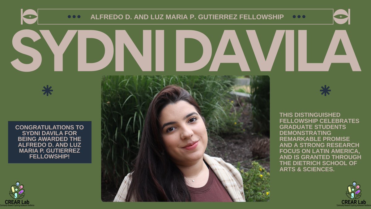 CREAR Lab (@labcrear) on Twitter photo Congratulations to <a href="/Sydni_Davila/">Sydni Davila</a> on receiving the Alfredo D. & Luz Maria P. Gutierrez Fellowship! Sydni is the first psychology student to earn this fellowship, highlighting her impactful research and commitment to serving Latin American communities. Incredible job, Sydni! Congratulations to <a href="/Sydni_Davila/">Sydni Davila</a> on receiving the Alfredo D. & Luz Maria P. Gutierrez Fellowship! Sydni is the first psychology student to earn this fellowship, highlighting her impactful research and commitment to serving Latin American communities. Incredible job, Sydni!