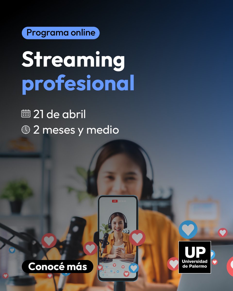 udepalermo's tweet photo. Si sos creador de contenido, emprendedor o una marca y querés incursionar en el mundo del #Streaming, ¡sumate a este #ProgramaEjecutivo! 📲🎧 Incorporá: 
▶️aspectos técnicos
▶️estrategias de crecimiento y monetización
▶️herramientas de edición

Más info 📲 https://t.co/ZbBFwySeoy https://t.co/OnELR2Nu23
